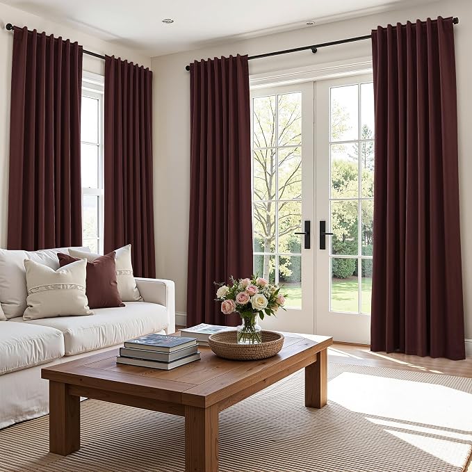 100% Blackout Curtains 84 Inch Length 2 Panels Set for Living Room Bedroom Back Tab Thermal Insulated Black Out Linen Drapes Room Darkening Reddish Brown,52x84