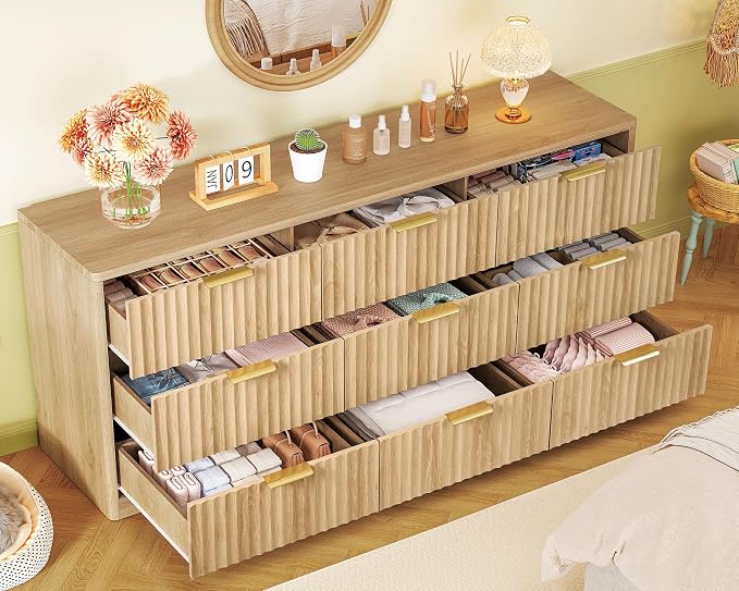63" Dresser for Bedroom with 9 Drawers, Modern Dressers & Chest of Drawers with Metal Handles, Fluted Dresser, Wood Closet Clothes Storage Organizer for Living Room, Hallway, Natural