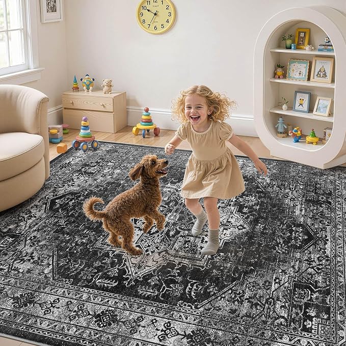 UERMEI 8x10 Area Rug Living Room Rugs - Washable Vintage Soft Large Rug Indoor Floor No Slip Rug Carpet for Bedroom Farmhouse Under Dining Table Home Office Decor - Black