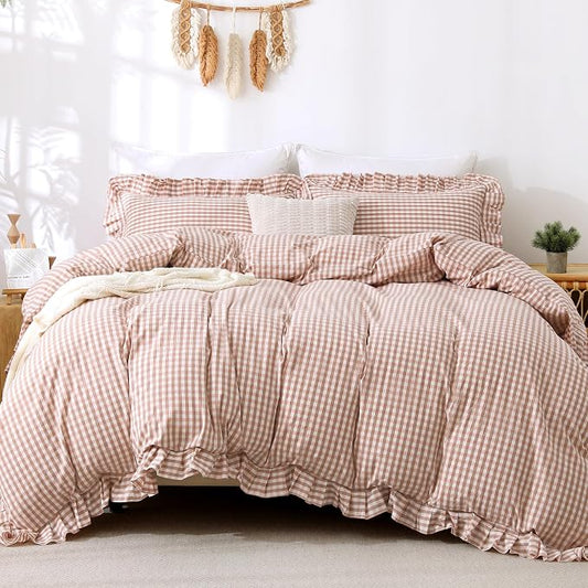ATsense Pink Brown Gingham Ruffle Duvet Cover Set Cotton Like Linen, King | 100% Washed Cotton Linen-Like Feel Soft, Breathable & Comfy. Fall Farmhouse Bedding Set, Zipper & 8 Ties. 3 Pcs, No Insert