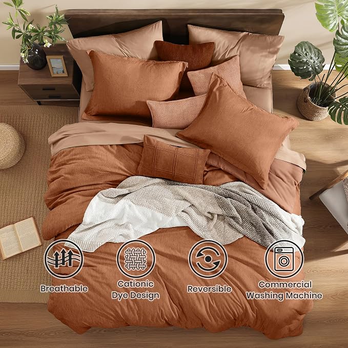 Monbix Oversized Queen Comforter Set 7 Pieces Autumn Leaf Bed in a Bag | Cationic Dyeing Reversible All Season Bedding Sets with Comforter, Sheets, Pillowcases & Shams