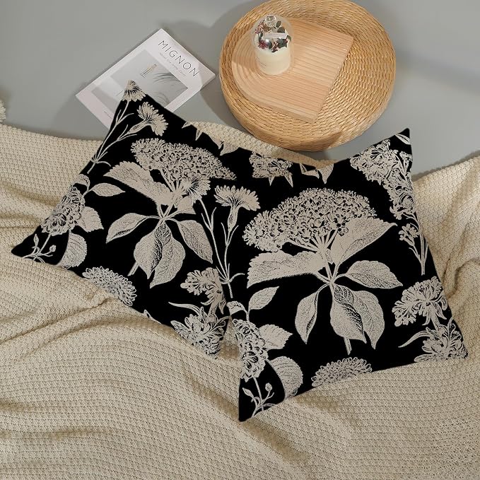 Vintage Floral Pillow Covers 18x18 Inch 2 Pcs Boho Black Hydrangea Flower Decor Throw Pillows Spring Summer Seasonal Outdoor Farmhouse Decoration Pillowcase Linen Cushion Cover for Couch
