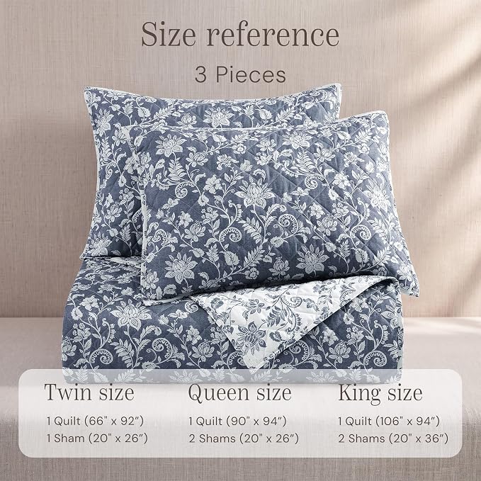Twin/Twin XL Quilt Set-2 Pieces Soft Bedding Floral Reversible Coverlet | All Seasons Lightweight Quilts Queen Size for Bed, Breathable Vintage Bedspread with Sham, Oxford Blue