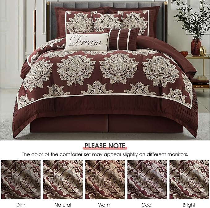 Burgundy California King Comforter Set 7 Pieces, Jacquard Woven with Damask, Bedding Set in a Bag Includes Comforter, Bed Skirt, Pillow Shams, and Decorative Pillows