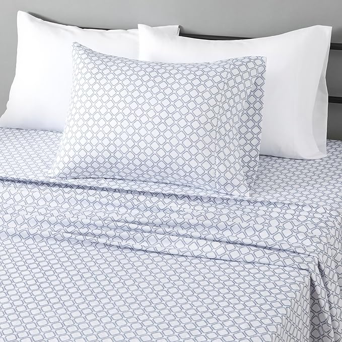 Amazon Basics Lightweight Super Soft Easy Care Wrinkle Free Microfiber 3 Piece Bed Sheet Set with 14-Inch Deep Pockets, Twin, Aqua Square Grid, Kids, Men & Women Bedding