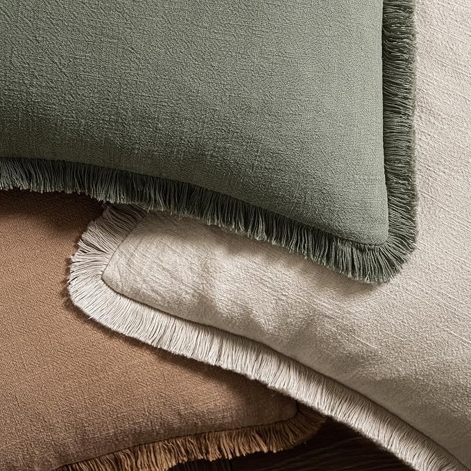 MIULEE Linen Fringe Decorative Throw Pillow Covers Light Olive Green 18x18 | Set of 2, Cottagecore Decor, Boho Farmhouse Neutral Pillow Covers, Rustic Couch Cushion Cases for Sofa Bed Living Room