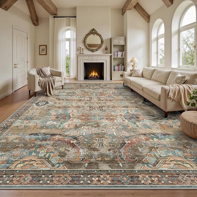 8x10 Area Rugs, Vintage Retro Soft Washable Rug, Non-Slip Low Pile Rugs for Living Room, Bedroom, Dining Room, Stain Resistant Home Decor Rug (Vintage Olive Green)
