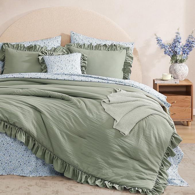 Oversized King Comforter Sets-7 Pieces Ruffle Bedding | Sage Green Bed in a Bag, Soft Lightweight All Season Farmhouse King Size Bedding Sets with Floral Sheets, Pillowcases & Shams