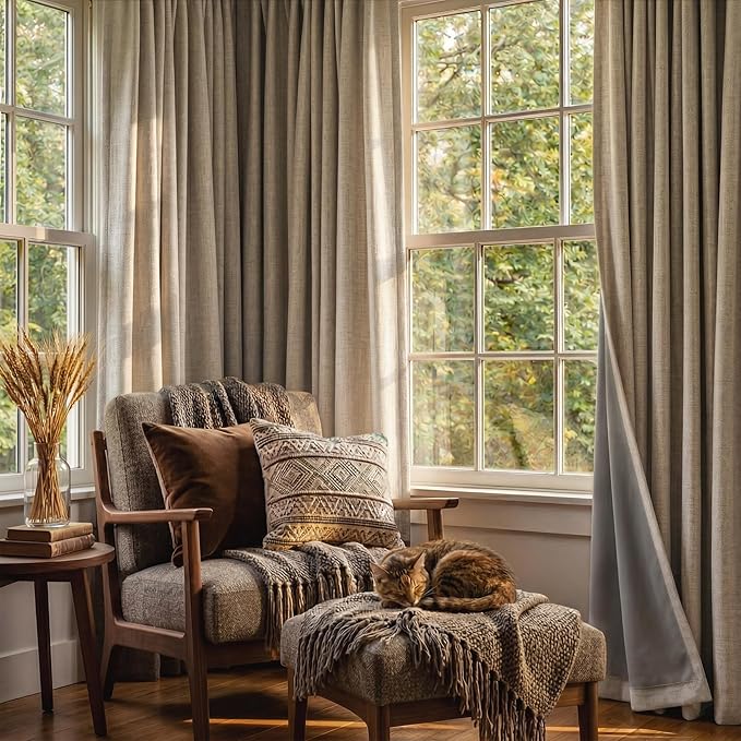 RYB HOME Burlap 100% Blackout Linen Curtains 120 Inch Long for Living Room | Thick Elegant Extra Long Drapes, Modern Vintage Farmhouse, Thermal Insulated Window Treatment For Loft, W52 x L120, 2 Panels
