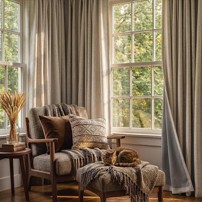 RYB HOME Linen Textured 100% Blackout Curtains 90 Inch Long for Office | Thermal Insulated, Energy Saving, for Bedroom Living Room Dining Patio Sliding Glass Door Nursery, Burlap, W52xL90, 2 Panels