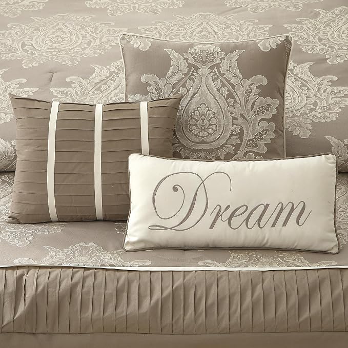 Beige California King Comforter Set 7 Pieces, Jacquard Woven with Damask, Bedding Set in a Bag Includes Comforter, Bed Skirt, Pillow Shams, and Decorative Pillows