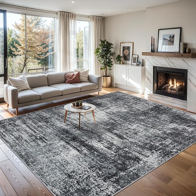 PLHXFR Area Rug Living Room: 5x7 Abstract Washable Carpet Dark Black | For Bedroom Dining Room Farmhouse Nursery Home,Machine washable,Non Slip,Large Soft Neutral,Stain Resistant, Indoor Floor
