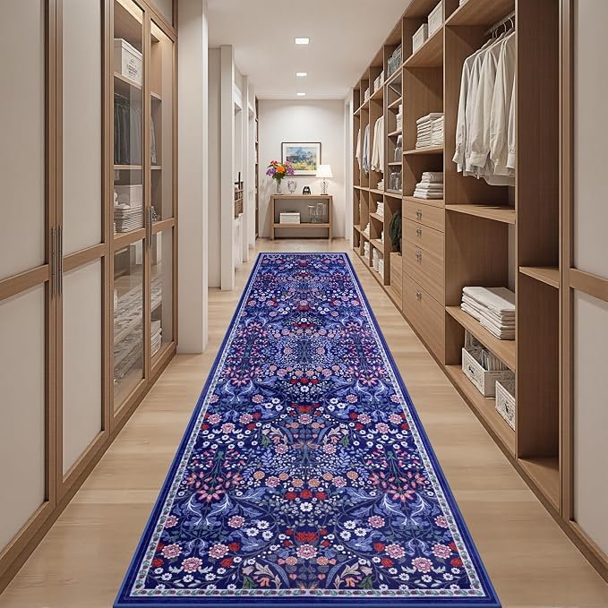 PLHXFR 2.6x14 Washable Runner Rug：Floral Indoor Kitchen Soft Carpet Blue | For Hallway Bedroom Kitchen Laundry Bathroom Dorm,Vintage Floral,Machine washable,Non Slip,Stain Resistant,Indoor Floor
