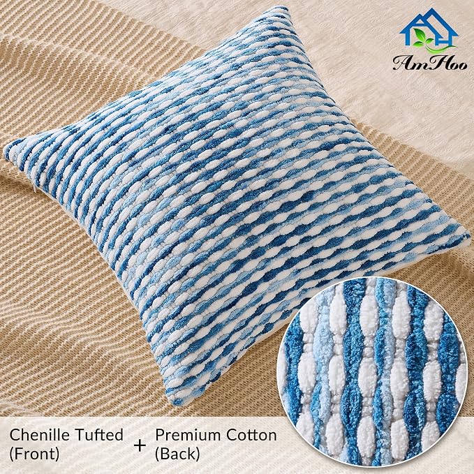 AmHoo Boho Chenille Pillow Cover Decorative Tufted Pillowcase for Couch Bed Sofa Bedroom Living Room Modern 18 x 18-Inch Sky Blue