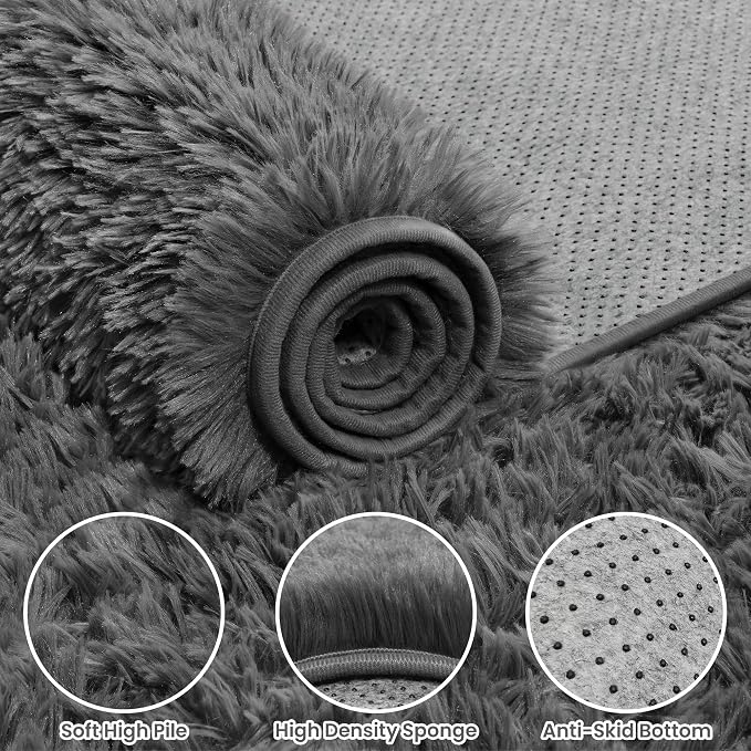 8x10 Fluffy Shag Area Rugs for Living Room Bedroom: Soft Plush Carpet Grey | Upgraded Non-Slip Thick Memory Foam, Ultra Soft, Non-Shedding Fuzzy Carpet, Easy Clean Decor for Kids Room, Nursery, Playroom