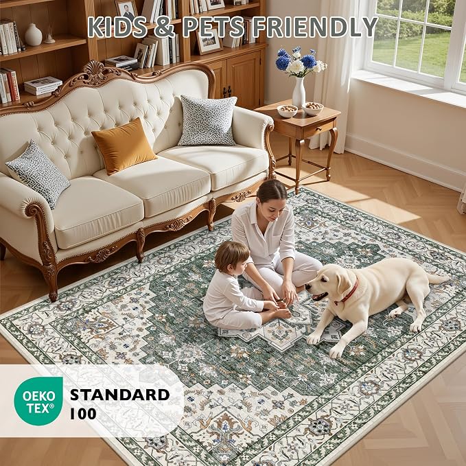 Hallway Runner Rug: 2.6x8 Kitchen Rugs for Living Room Green Ivory | Runner Rug Hallway Washable Rug No Slip Soft Bedroom Rug Indoor Floor Stain Resistant Carpets for Entryway, Laundry, Bathroom