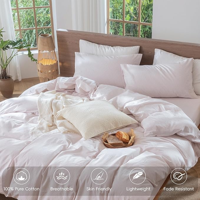 MooMee Striped Duvet Cover Set 100% Washed Cotton Linen Like Cal King | Relaxed Linen-like Texture. Soft, Breathable & Long-lasting Comfort. Lightweight. Hidden Zipper with 8 Interior Corner Ties