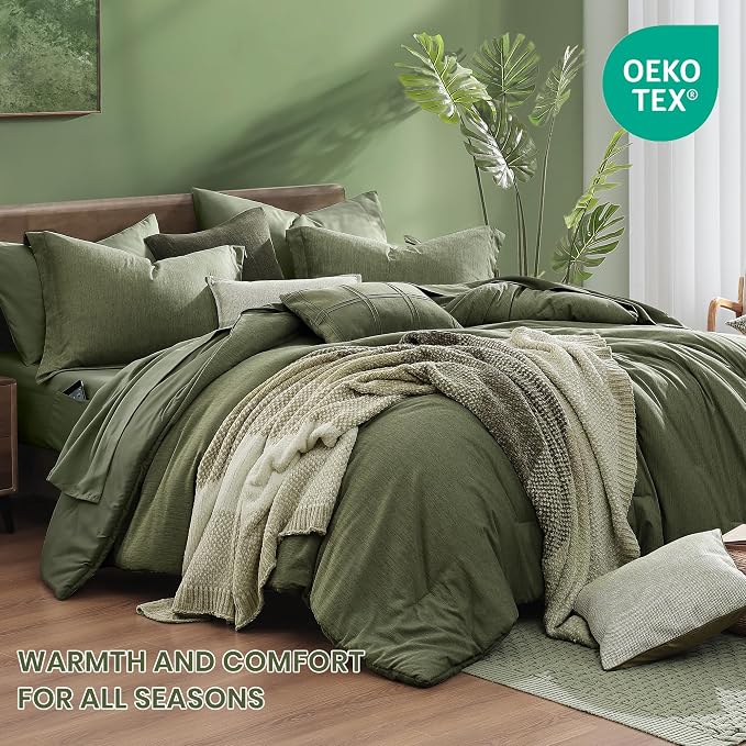 Monbix Super King Plus Comforter Set Olive Green 7 Pieces Bed in a Bag | Cationic Dyeing Reversible All Season Bedding Sets with Comforter, Sheets, Pillowcases & Shams
