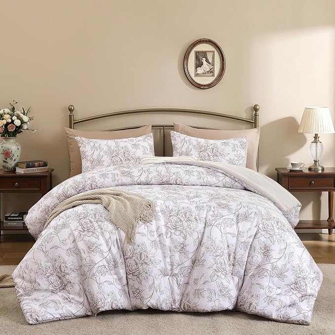 JANZAA Queen Size Comforter Set - Oatmeal Floral Shabby Chic Bedding | 3 Piece Cute Floral Bedding for All Season, 1 Soft Fluffy Breathable Microfiber Comforter Set with 2 Pillowcases