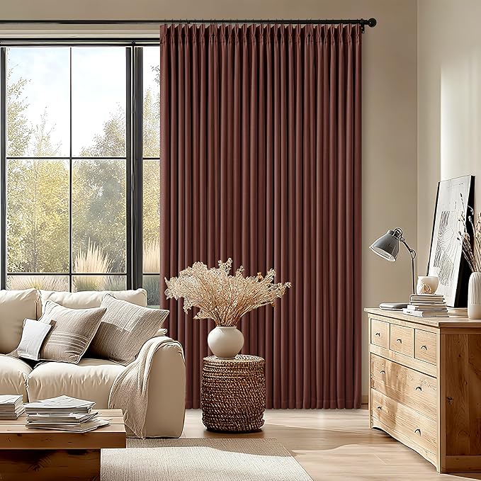TWODRAPES Brick Brown Pinch Pleated Blackout Linen Curtains 120 Inches Long | 100% Black Out Room Darkening, Thermal Insulated, Red Chestnut Country Farmhouse, Drapes for Living Room Bedroom 2 Panels