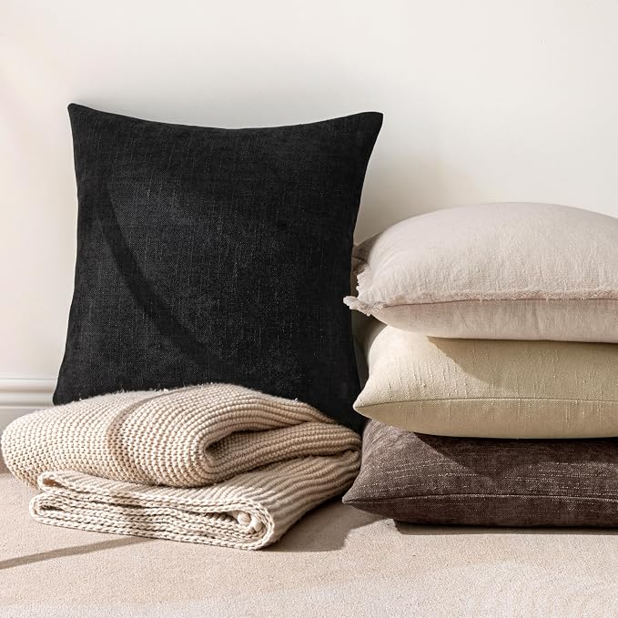 MIULEE Textured Chenille Throw Pillow Covers 18x18 Inch Black | Pack of 2 Decorative Soft Throw Pillows, Solid Textured Cushion Covers, Modern Home Decor for Couch Sofa Bedroom Living Room