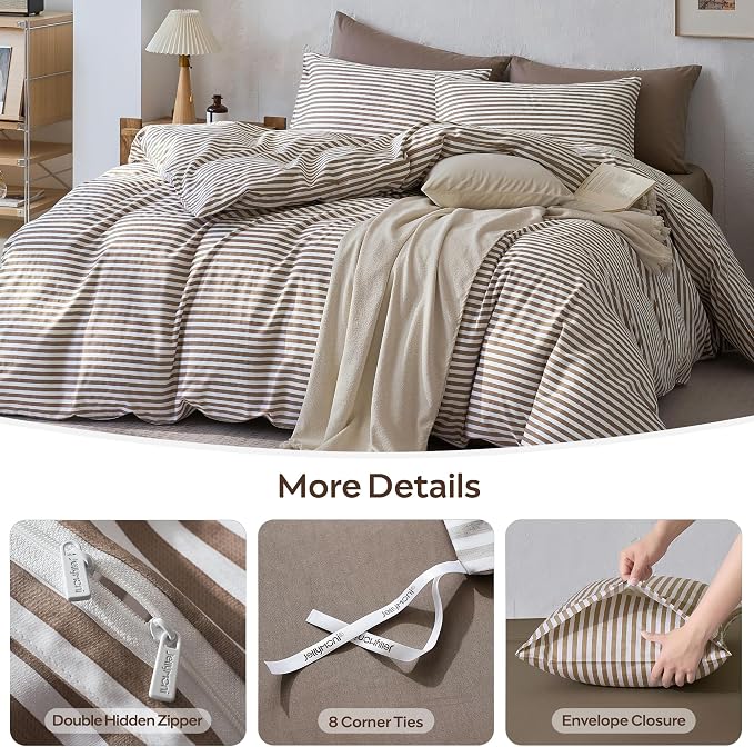 JELLYMONI 100% Cotton Printed Striped Queen Duvet Cover Set, Tan | Breathable and Soft, Classic Stripes, 8 Corner Ties & Double-Head Hidden Zipper, For Master or Guest Bedroom