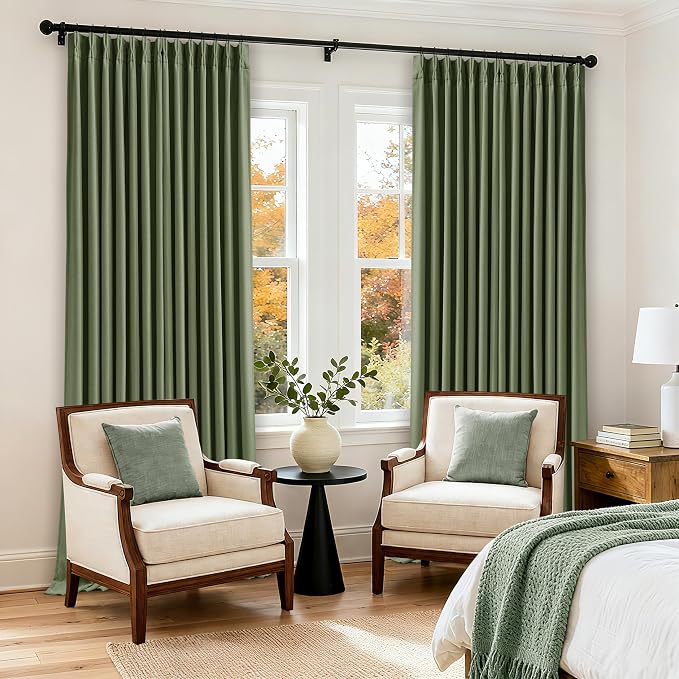 96 Inch Olive Green Linen Pinch Pleated Blackout Curtains with Liner | 100% Black Out, Pinch Pleat with Hooks Rings, Thick Linen Textured, Room Darkening, Bedroom Living Room Window Curtains