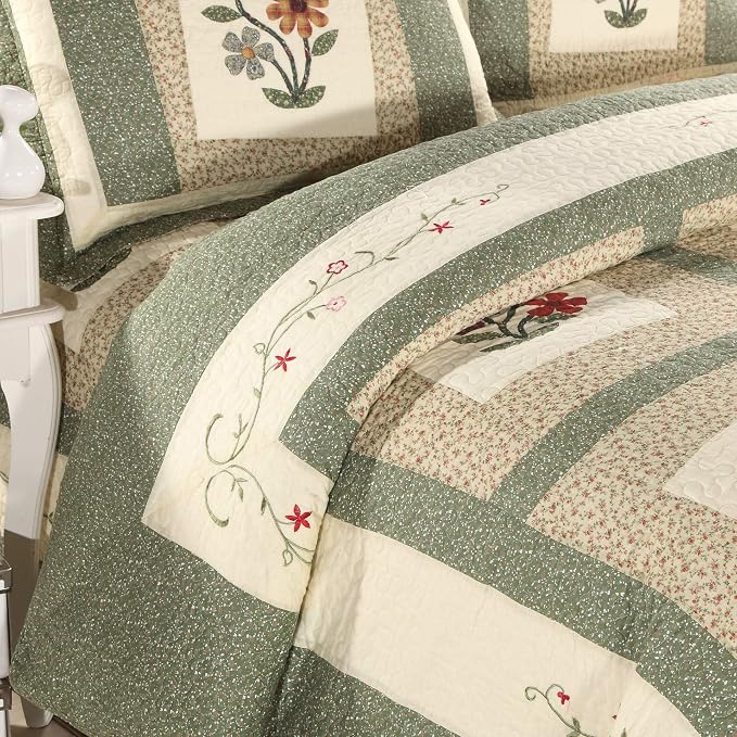 vctops Farmhouse Green 2 Piece Embroidered Floral Quilted Bedspread Quilt Set 100% Cotton Reversible Patchwork Coverlet Set 1 Quilt and 1 Pillow Sham (Green,Twin)