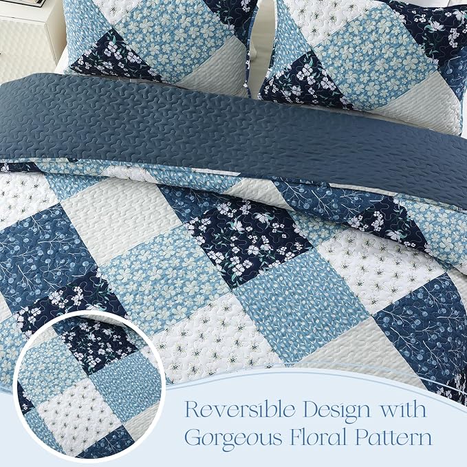 Exclusivo Mezcla Reversible Boho California King Quilt, Blue | Lightweight Soft Bedspreads, All Season Patchwork Coverlet Bedding Set, Printed Floral Pattern, 1 Quilt and 2 Pillow Shams
