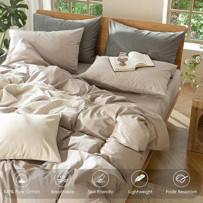 MooMee Duvet Cover Set 100% Washed Cotton Linen Like Super King | Relaxed Linen-like Texture. Soft, Breathable & Long-lasting Comfort. Lightweight. Hidden Zipper with 8 Interior Corner Ties