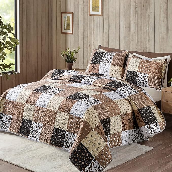 Mybedsoul Brown Quilt California King, Patchwork Floral Bedding Set | Soft Lightweight Microfiber Coverlet Set,3 Pieces Plaid Reversible Bedspread, Bed Sets for All Seasons 110"x96"