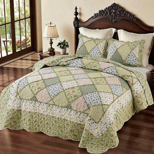 Oversized King Quilt Set Green Floral Patchwork Alaska King Bedspreads Set | 3-Piece Alaskan King Size Bedding Set 132x120 Rversible Quilted Coverlet Lightweight Comforter Bed Cover with 2 Pillowcase