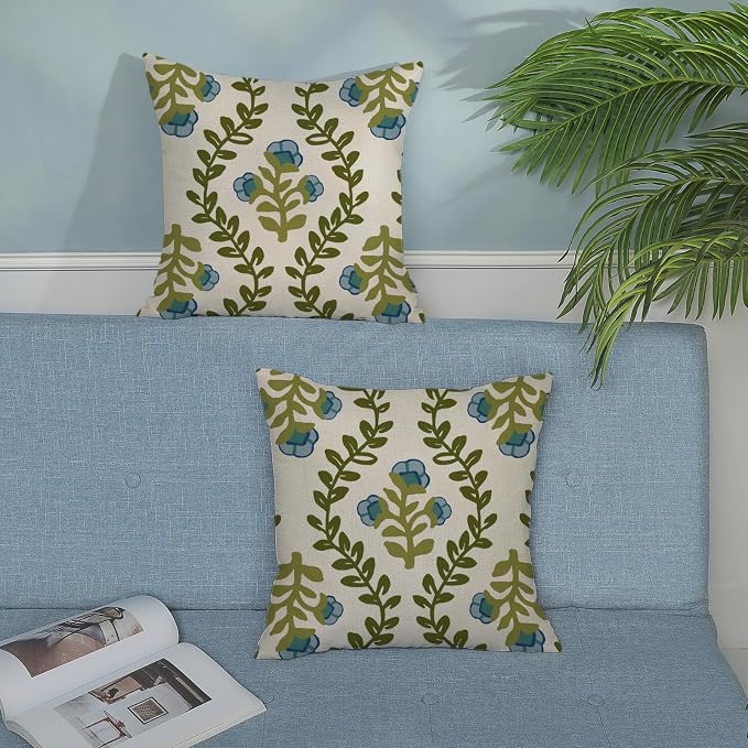 Sage Green Boho Pillow Covers 22x22 Inch 2 Pcs Blue Green Floral Leaves Decor Throw Pillows Vintage Flower Seasonal Spring Summer Outdoor Farmhouse Pillowcase Linen Cushion Cover for Couch Sofa