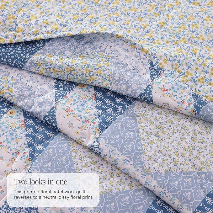 Twin/Twin XL Quilt Set-2 Pieces Soft Bedding Floral Patchwork Coverlet | All Seasons Lightweight Quilts Queen Size, 1 Quilt (66" x 92") and 1 Sham (20" x 26"), Reversible Bedspread, Blue Marigold