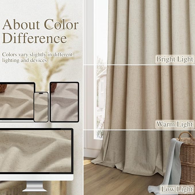 Extra Long 100% Blackout Linen Curtains for Bedroom 108 inches Long 9 FT, Thermal Insulated Room Darkening Black Out Window Drapes for Living Room, Back Tab Rod Pocket 2 Panels Set,Stone Beige,52x108