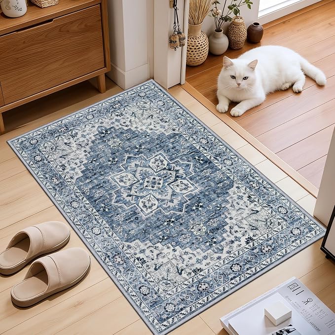 2x3 Area Rugs Living Room: Washable Vintage Rug for Bedroom Blue | Boho No Slip Stain Resistant Rug Soft Indoor Decor Floor Floral 2x3 Area Rugs for Dining Room, Nursery, Hallway, Home Office
