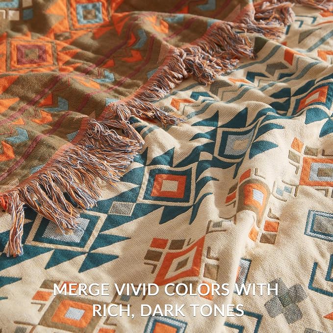 Boho Throw Blanket for Couch Sofa Bed, 100% Cotton Woven Quilt with Tassel 60”x80”, Super Soft Muslin Blanket with Patchwork Printed, Decorative Reversible Bed Blanket/Cover for All Seasons