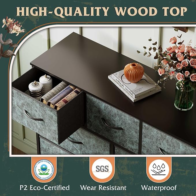 WLIVE Tall Dresser for Bedroom, 11 Drawer Chest of Drawers, Vintage Green | 11 fabric storage drawers, Tall high-capacity design, Bedroom or dorm use, Sturdy steel frame, Smooth wood tabletop