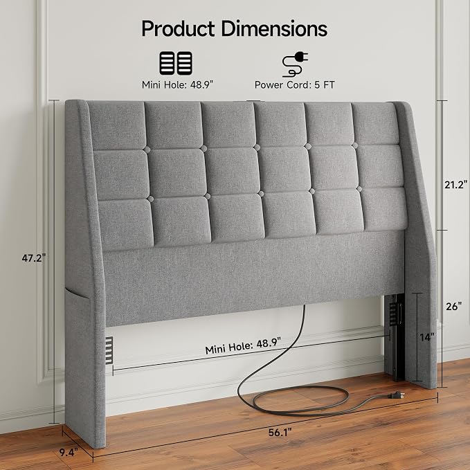 Full Size Headboard with Charging Station, Wingback Ergonomic Headboards | Wingback Upholstered Bed Head Board with Storage Pocket, Sturdy Stable Solid Wood Headboard, Bed Frame Adapters, Light Grey