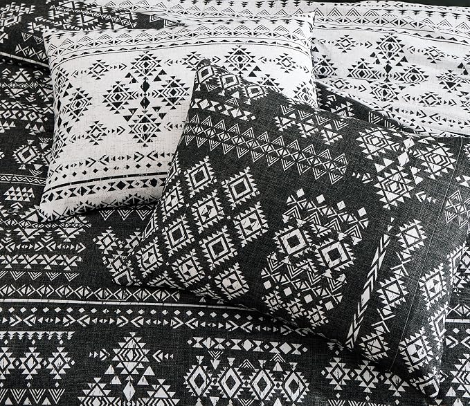 King Size Comforter Set - 7 Pieces Western Bedding Reversible Bed in a Bag | Boho Bedding, All Season Aztec Bed Set with Comforter, Sheets, Pillowcases & Shams, Grey and Black