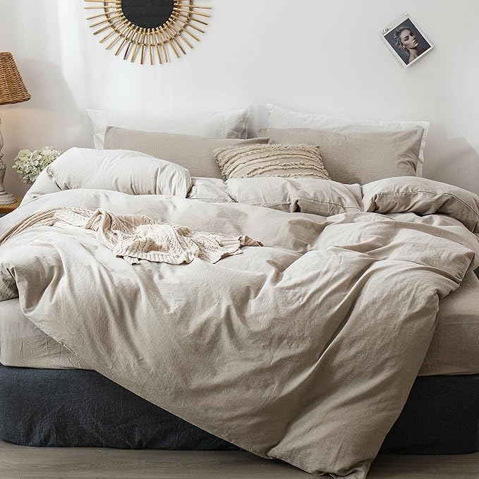 MooMee Duvet Cover Set 100% Washed Cotton Linen Like Queen | Relaxed Linen-like Texture. Soft, Breathable & Long-lasting Comfort. Lightweight. Hidden Zipper with 8 Interior Corner Ties