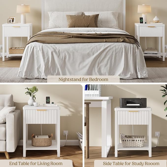 Night Stand Set 1, Fluted Wood Bedside Table w/Socket Station for Bedroom | White, Storage Drawer, Open Shelf, Metal Silent Rails, Round Corners, Modern Fluted Panel, Living Room, Bedside Table