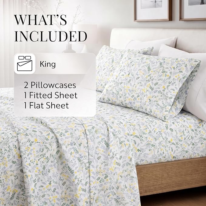 Linen Market Patterned Microfiber King Sheet Set 4 Piece – Oeko-TEX Certified Ultra Soft & Wrinkle-Free - 16" Deep Pocket Sheets - Easy Care King Size - Wildflower Light Blue