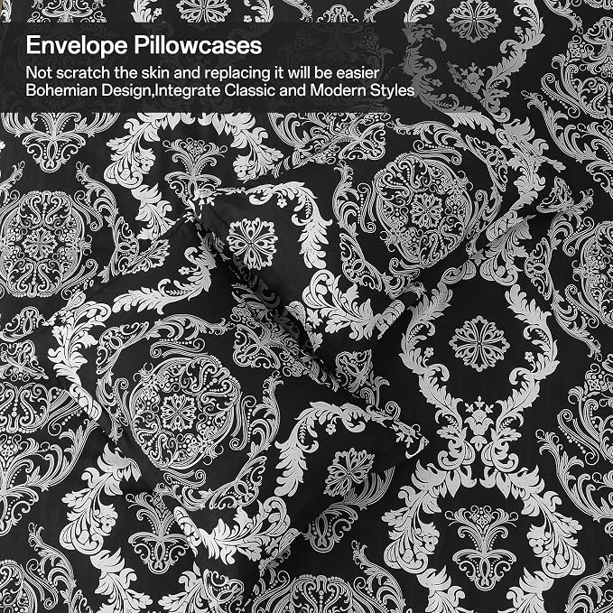 WONGS BEDDING 7 Pieces Comforter Set King Size, Black White Texture Bedding Set for All Season, Damask Soft and Breathable Bed in a Bag with Comforter, Flat Sheet, Fitted Sheet, Pillowcases & Shams