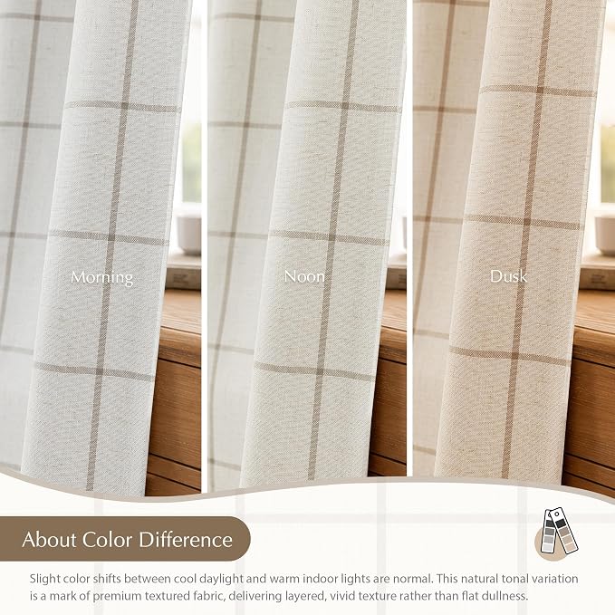 DriftAway 100% Blackout Plaid Linen Curtains 96 Inches Long 2 Panels Taupe | 100% Blackout, Linen Texture, Plaid Pattern, Two Layers, Rod Pocket & Back Tab, Bedroom Living Room Use, Luxury Appearance