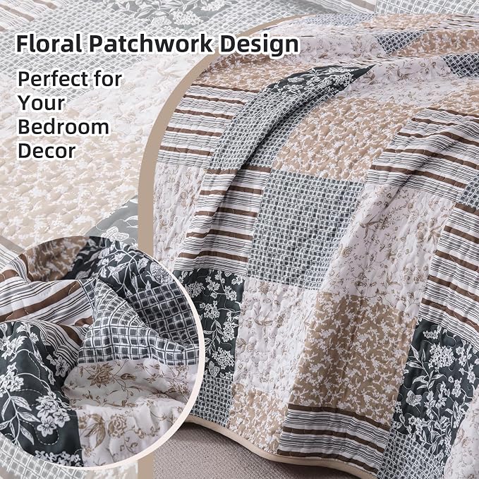 Mybedsoul Boho Quilt King Size, Patchwork Bedding Set, Blue Brown | Soft Lightweight Microfiber Floral Coverlet Set, 3 Pieces Plaid Bedspread, Bed Sets for All Seasons 90"x110"
