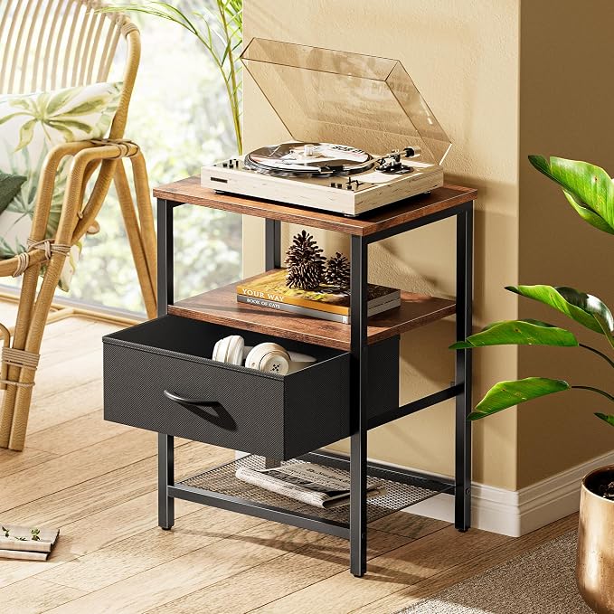 Huuger Night Stand with 2 Drawers, Bed Side Table with Open Shelf | Bedroom Nightstand, Fabric Drawer Dresser, Metal Frame, Couch Side, Living Room, Rustic Brown & Black