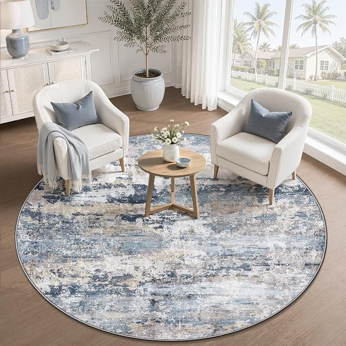 pmtsns Round Rug 4ft for Bedroom: Washable Circle Rug Modern Abstract Neutral Soft Non-Slip Low-Pile Entryway Carpet for Living Room Dining Room Nursery Home Office (Blue Grey Brown, 4' Round)