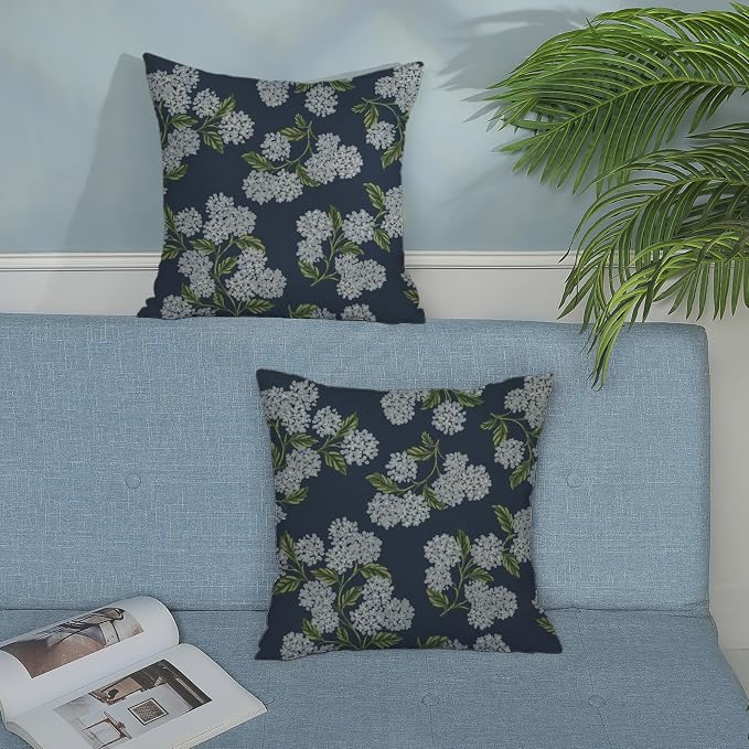 Navy Blue Spring Pillow Covers 16x16 Inch 2 Pcs Blue Green Hydrangea Flower Decor Throw Pillows Vintage Floral Seasonal Summer Outdoor Decoration Pillowcase Linen Cushion Cover for Couch Sofa