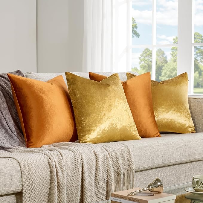 GIGIZAZA Pack of 4 Decorative Velvet Pillow Covers 16x16 Orange Gold | Throw Pillows for Couch Sofa,280gsm Soft Textured Fabric,Modern Accent Pillowcases,Luxury Living Room Cushion Covers